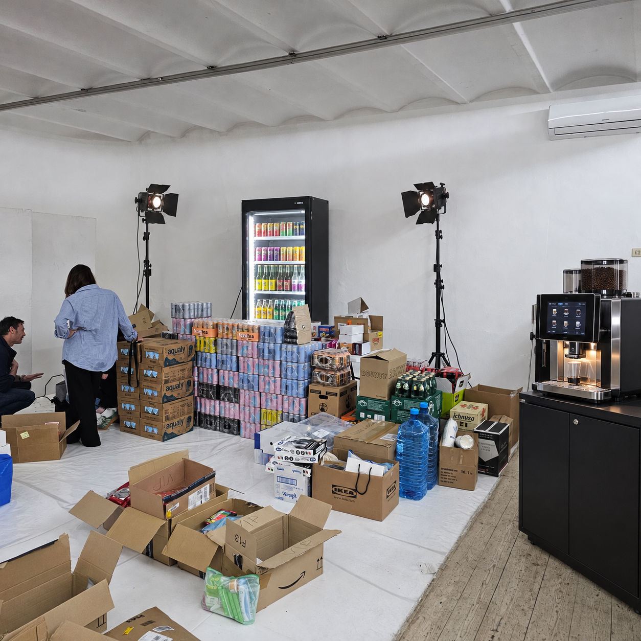 Area di supporto a una produzione con scorte di bevande, frigovetrina e macchina da caffè