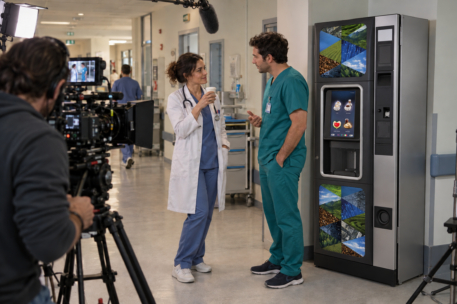 Scena illustrativa di riprese in un ambiente ospedaliero con distributore di caffè