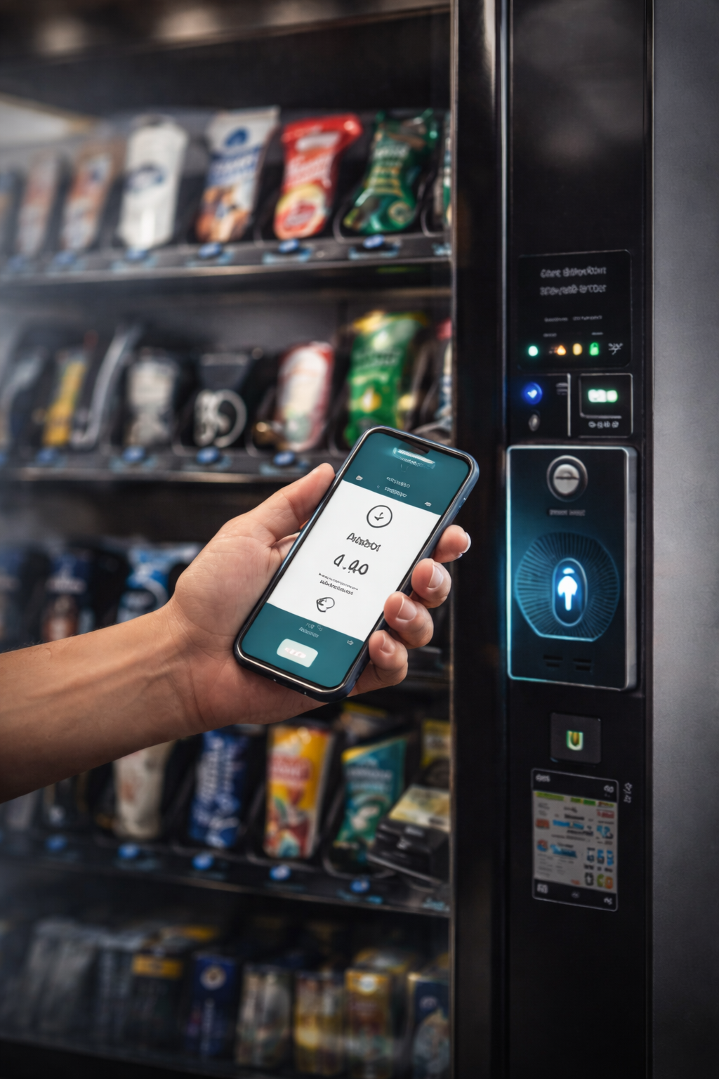 Illustrazione di un pagamento tramite smartphone presso un distributore automatico